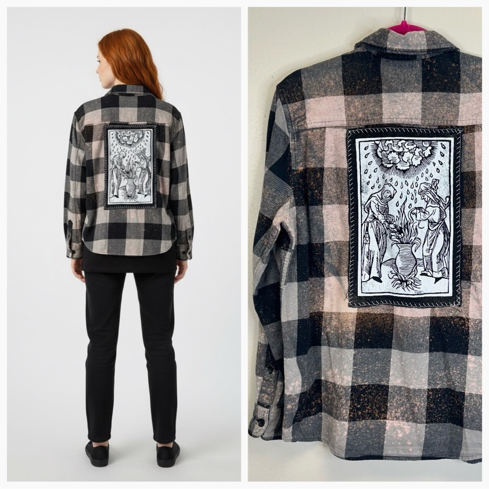 Witchy Witchcraft Goth Unisex S M Flannel Shirt Black Gray Upcycled Grunge Dark